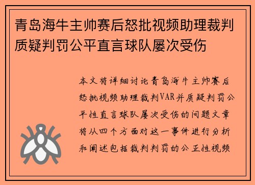 青岛海牛主帅赛后怒批视频助理裁判质疑判罚公平直言球队屡次受伤
